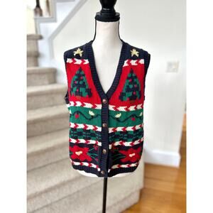 Vintage 90s Christmas Tree Navy Red Green Sweater Vest Snowman Lights Poinsettia